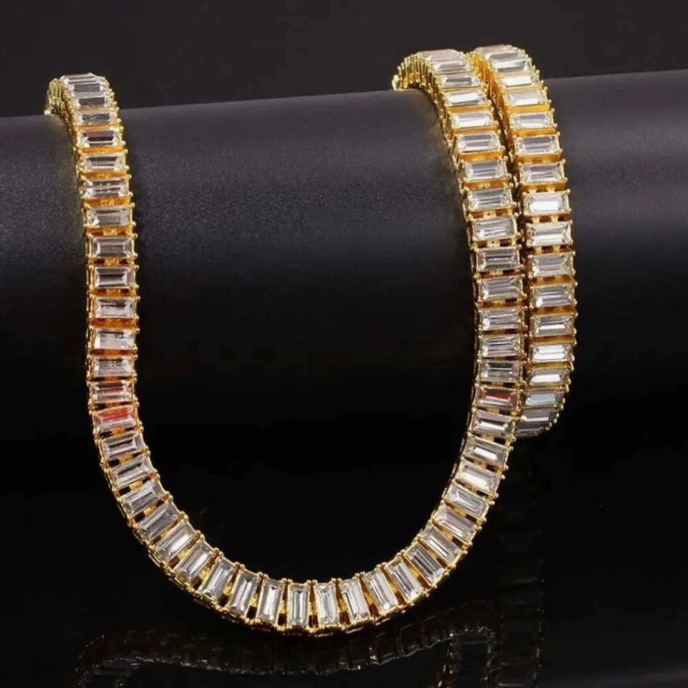 14K Gold Baguette Tennis Chain Necklace Iced Out HipHop Simulated Lab Diamond